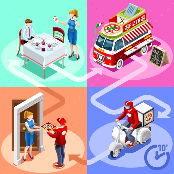 Food Truck Pizza Fast Home Delivery Vector Isometric People - Food Objects