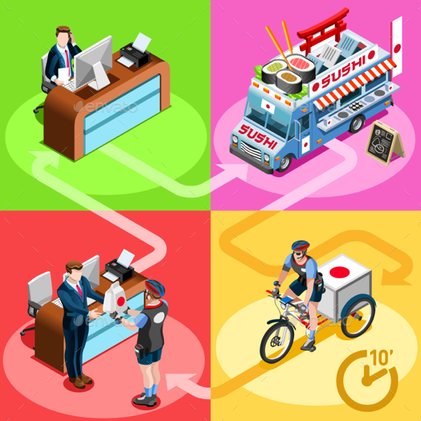 Japanese Food Truck Sushi Home Delivery Vector Isometric People - Food Objects