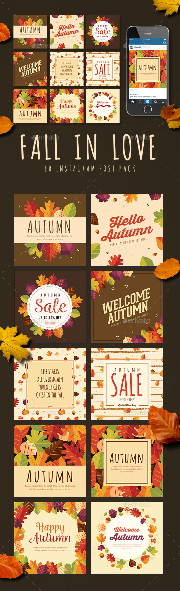 Fall in Love 10 Instagram Post Pack - Social Media Web Elements