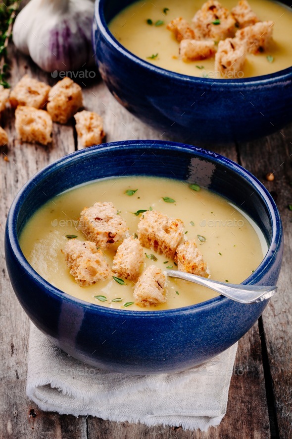 homemade cream soup with croutons Stock Photo by nblxer PhotoDune
