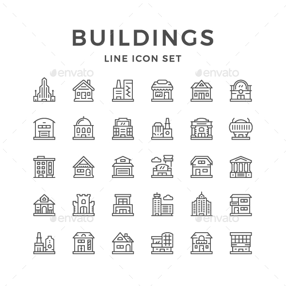 Set Line Icons of Buildings - Buildings Objects