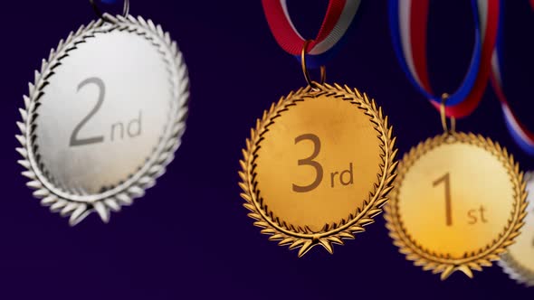 Endless animation of a line of silver, gold, bronze sports medals. Set of awards alt