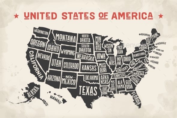 Poster Map United States of America with State Names - Miscellaneous Vectors