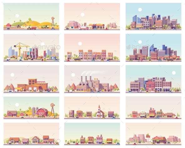 Vector Low Poly Landscapes Set - Buildings Objects