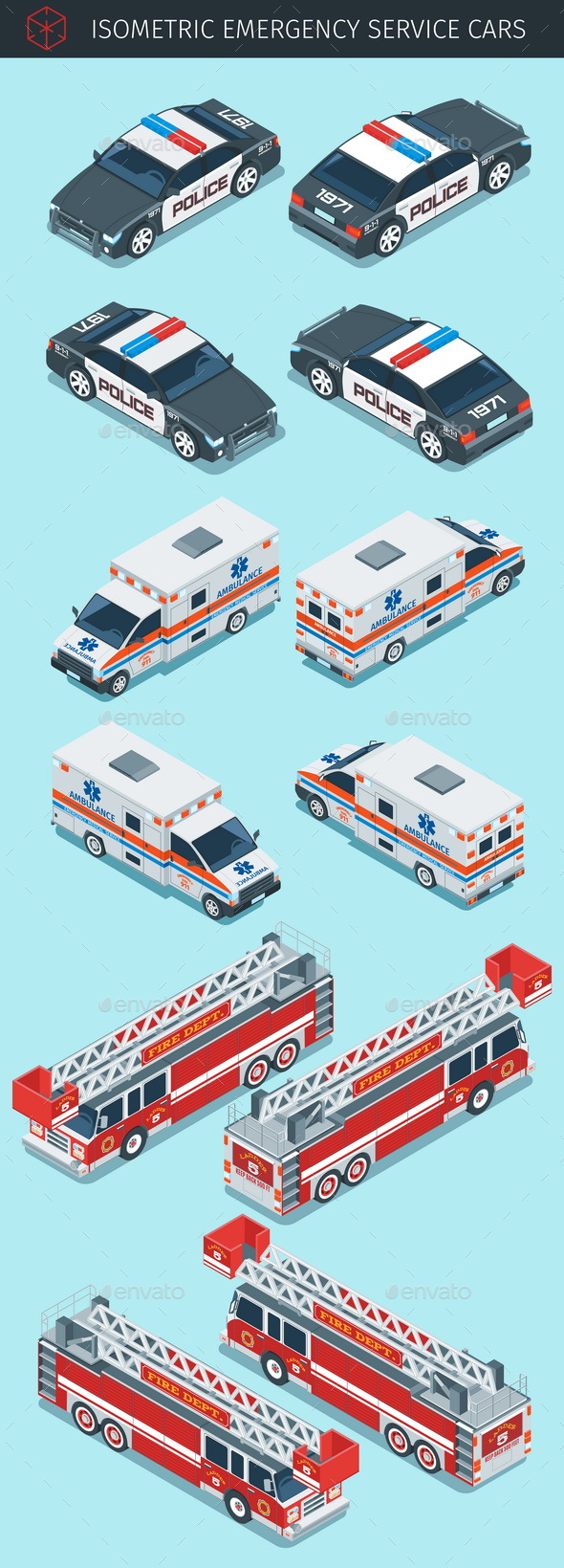 Isometric Emergency Service Cars - Man-made Objects Objects