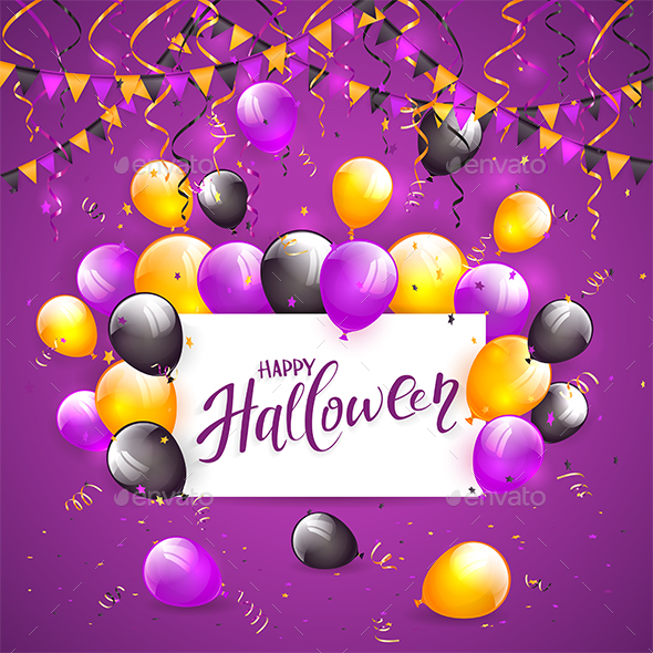 Halloween Balloons and Confetti on Violet Background - Halloween Seasons/Holidays