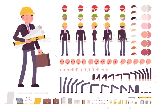 Male Architect in Business Suit and Protective - People Characters
