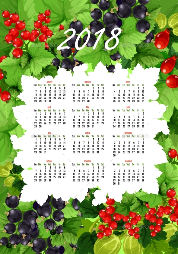 Vector 2018 Calendar of Fresh Berries and Fruits