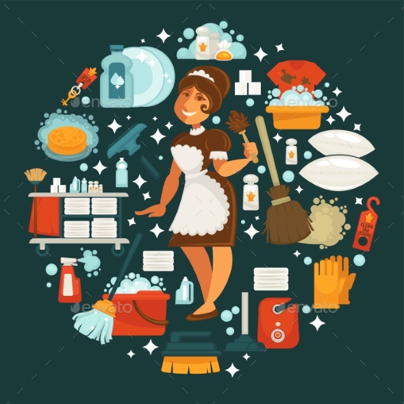 Maid in Uniform Surrounded with Equipment - Landscapes Nature