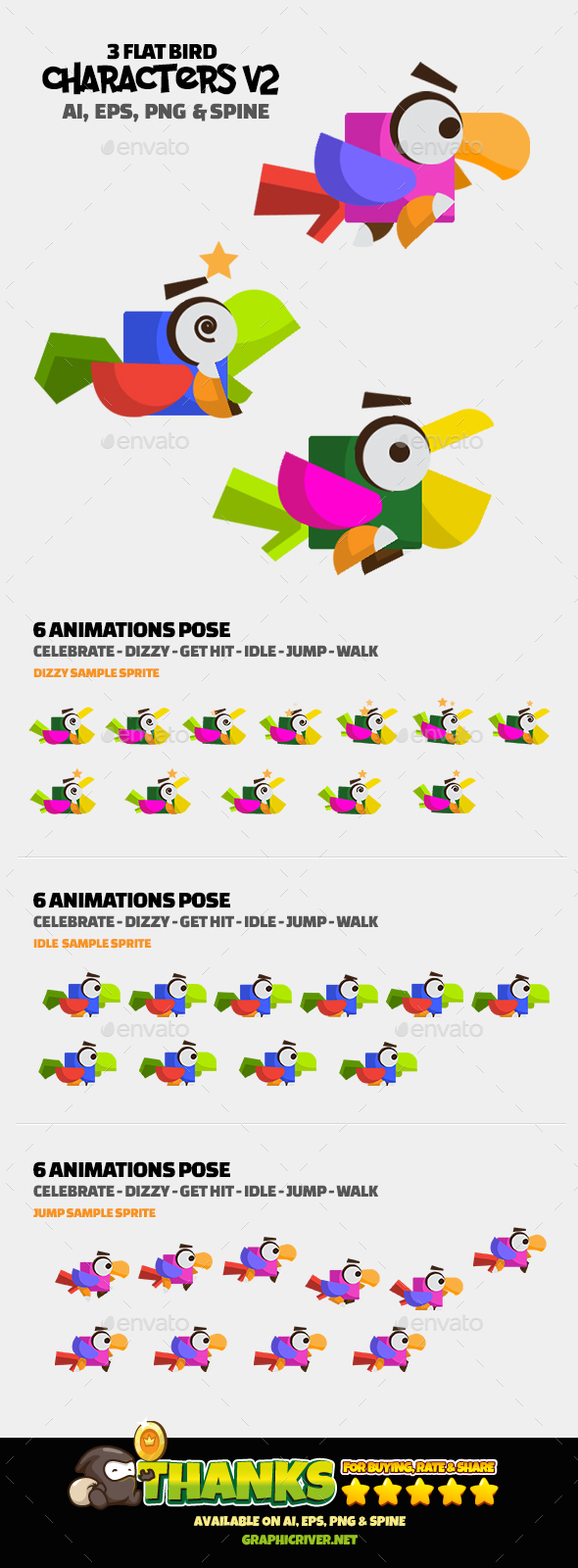 3 Flat Bird V2 - Sprites Game Assets