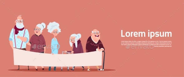 Group Of Senior People Holding Empty Banner - People Characters