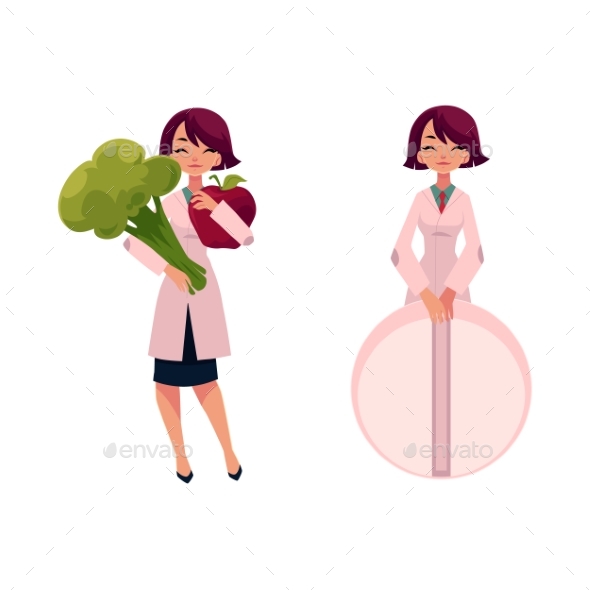 Woman Doctor Holding Huge Broccoli and Giant Pill - People Characters