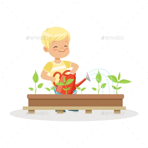 Boy Watering Plants From a Watering Can - Flowers & Plants Nature