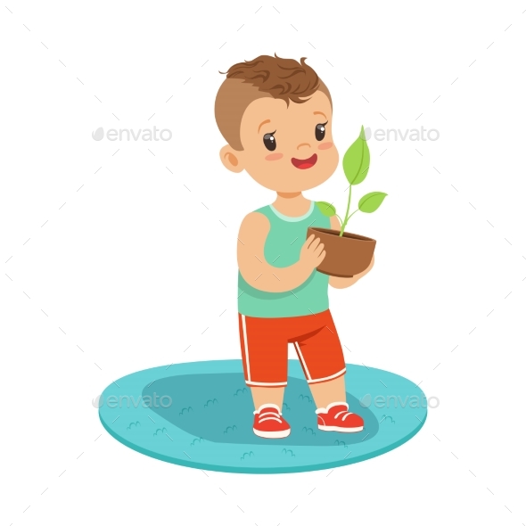 Boy Standing and Holding a Plant - Flowers & Plants Nature