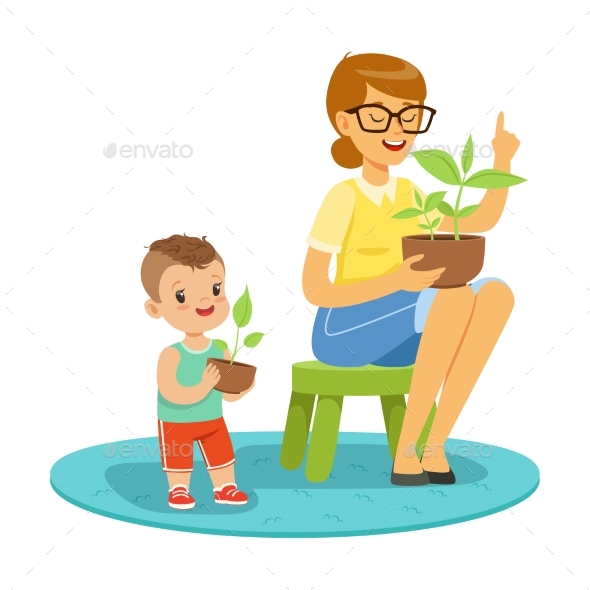 Little Boy Learning About Plants with Teacher - Flowers & Plants Nature