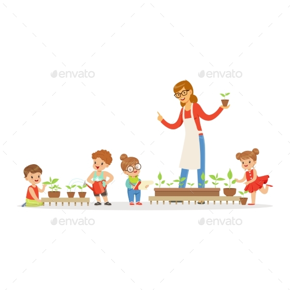 Friendly Teacher Explaining Kids About Plants - Flowers & Plants Nature