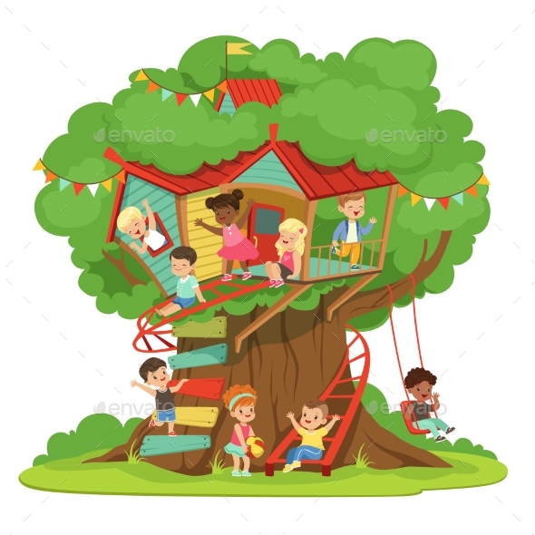 Children Playing and Having Fun in the Treehouse - Landscapes Nature