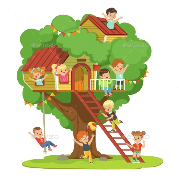 Kids Having Fun in the Treehouse, Childrens - Landscapes Nature