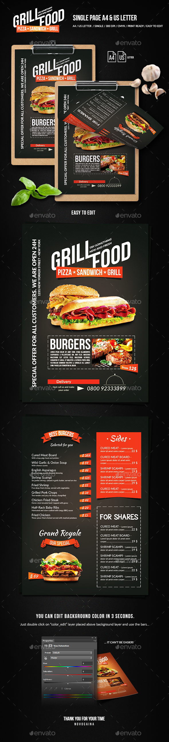 Grill BBQ Single Page Food Menu - A4 and US Letter - Food Menus Print Templates