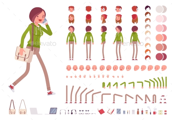 Teenager Girl in a Hoodie and Pants, with Shoulder - People Characters