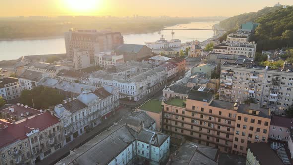 Historical District of Kyiv - Podil in the Morning at Dawn. Ukraine. Aerial View alt