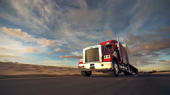 Oncoming huge semi-trailer truck riding on the highway. Closeup animation. HD alt