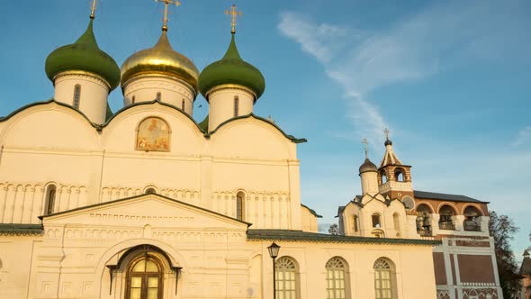 View of Domes and crosses of the Transfiguration Cathedral in Suzdal monastery alt