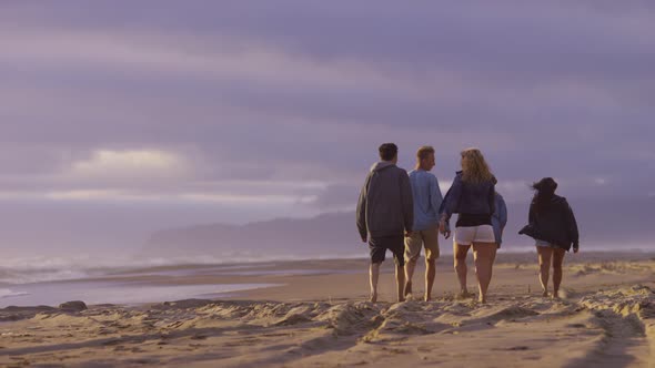 Group of friends walking along beach together alt