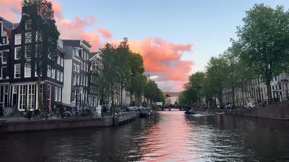 Moored Boat In Amsterdam At Sunset