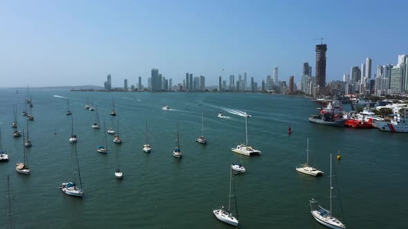Beautiful Yachts Drift in the Bay in Cartagena Colombia Aerial View