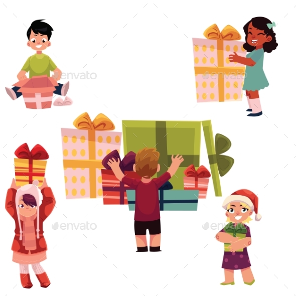 Kids, Children and Christmas Birthday Presents Set - People Characters