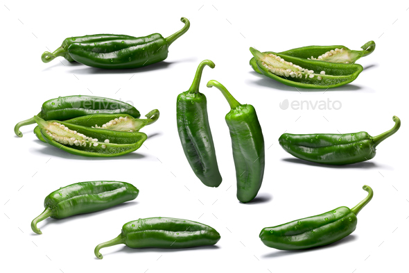 Set of whole and sliced Anaheim peppers, paths - Stock Photo - Images