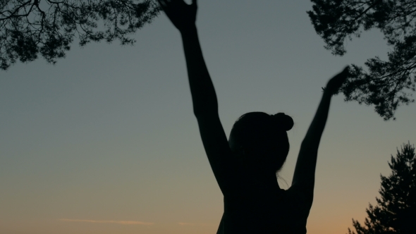 Woman Silhouette Practicing Yoga in Forest After Sunset