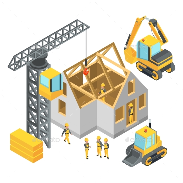 Building Under Construction. Isometric Pictures - Objects Vectors