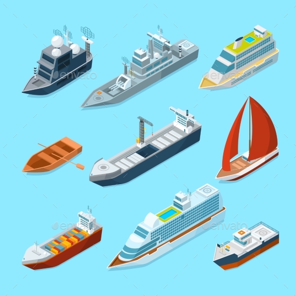 Isometric Passenger Sea Ships and Different Boats - Objects Vectors