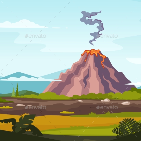 Wild Landscape with Volcano and Lava. Cartoon - Miscellaneous Vectors
