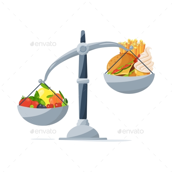 Healthy Food and Fast Food on the Scales. Choose - Food Objects