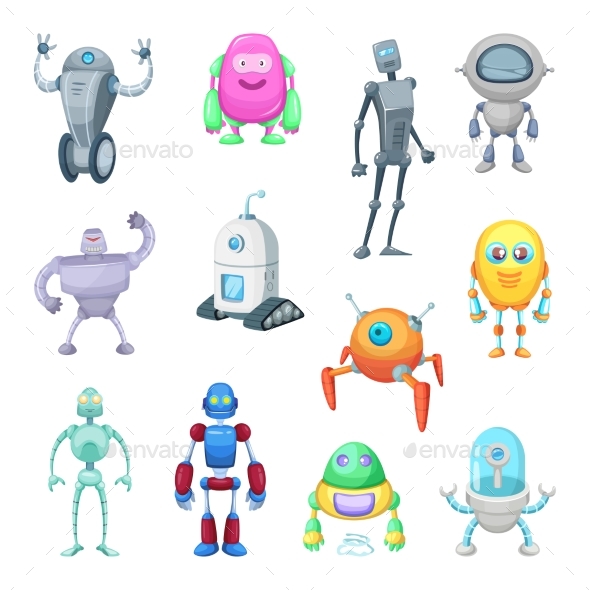 Characters of Funny Robots in Cartoon Style - Objects Vectors