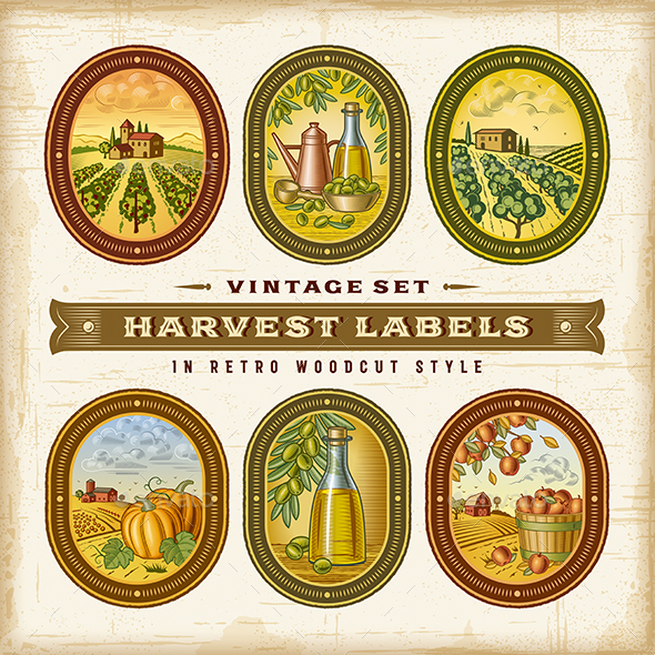Vintage Colorful Harvest Labels Set - Food Objects