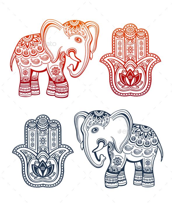 Indian Ethnic Elephant and Hamsa Hand - Decorative Symbols Decorative