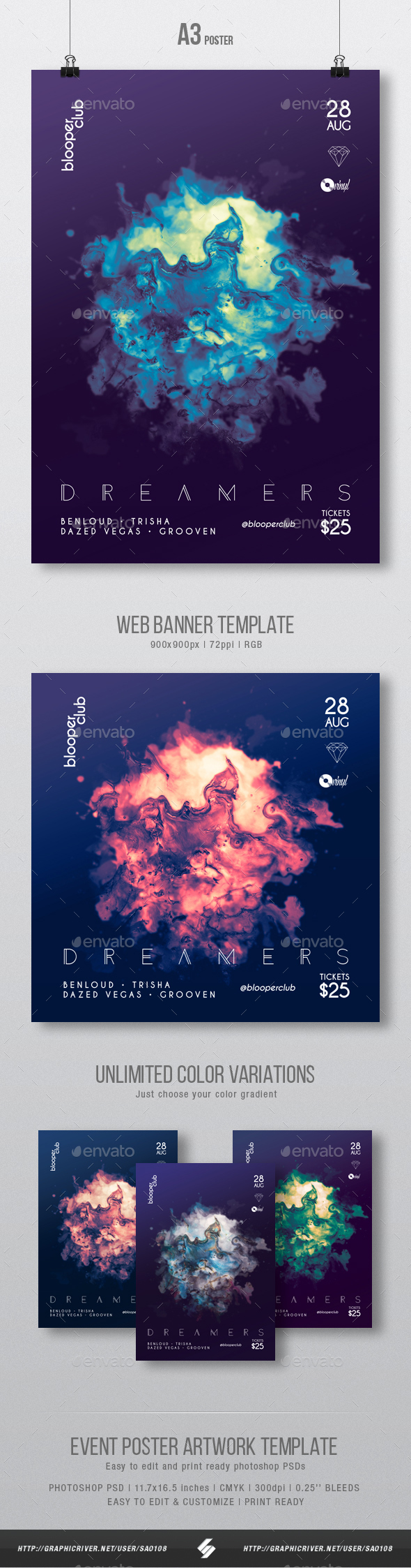 Dreamers - Progressive Party Flyer / Poster Artwork Template A3 - Clubs & Parties Events