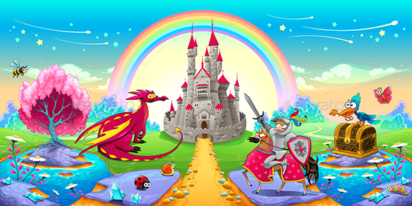 GraphicRiver Landscape of Dreams with Dragon and Knight 20600338 GraphicRiver Landscape of Dreams with Dragon and Knight 20600338