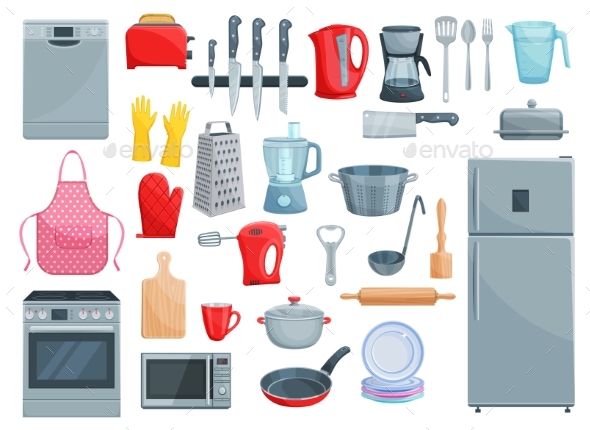 Kitchen Appliances and Dishware Vector Icons Set - Man-made Objects Objects
