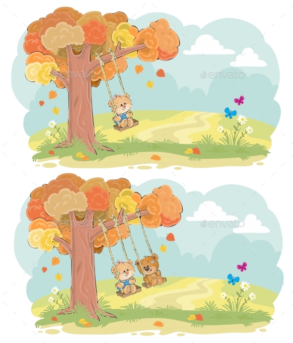 Teddy Bear on Swing in Autumn - People Characters