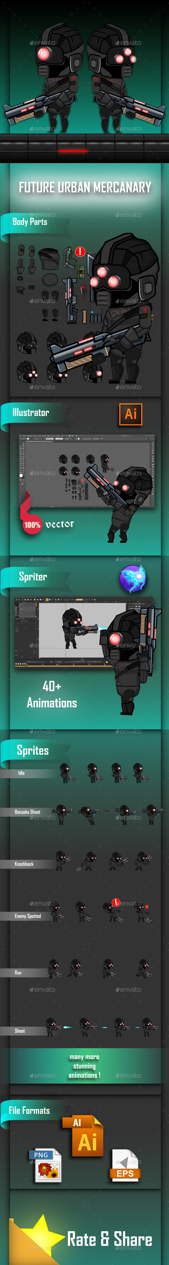 Future Urban Mercenary Game Character Sprites - Sprites Game Assets