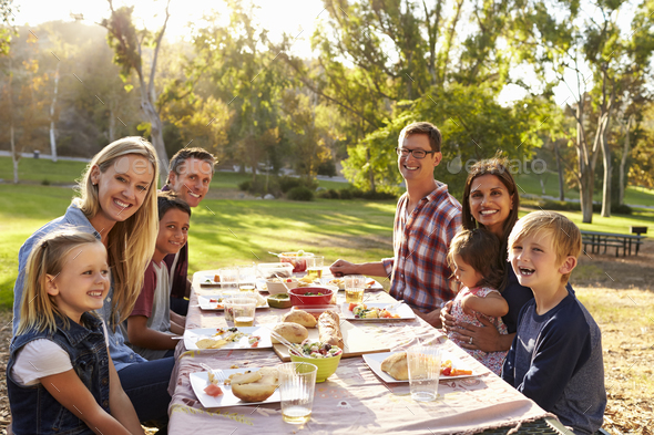 Two families having a picnic at a table look to camera