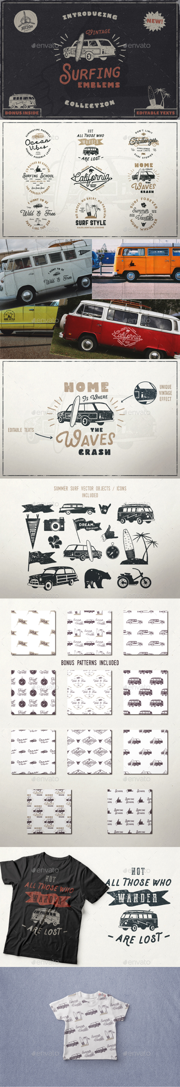 Vintage Surfing Emblems Set - Badges & Stickers Web Elements