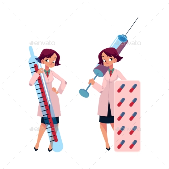 Woman Doctor with Huge Thermometer, Syringe, Pills - People Characters