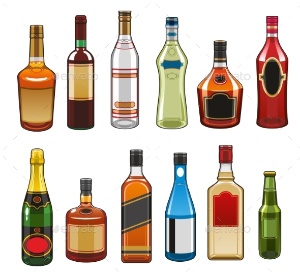 Vector Icons of Alcohol Drinks Bottles - Food Objects