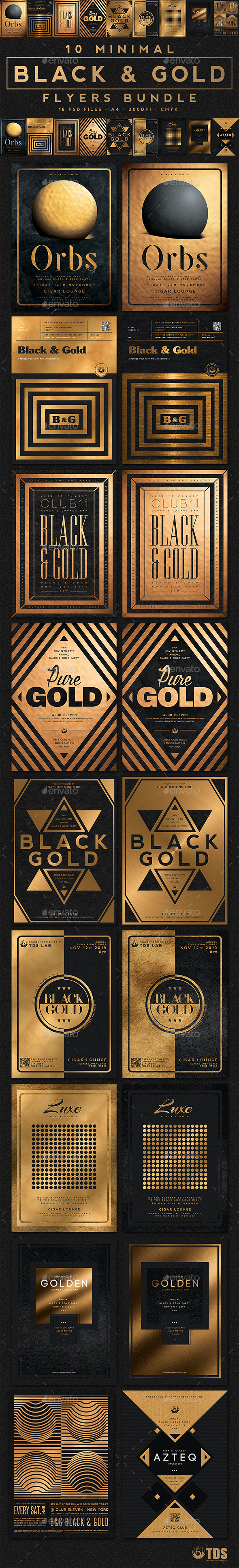 10 Minimal Black and Gold Flyers Bundle - Clubs & Parties Events
